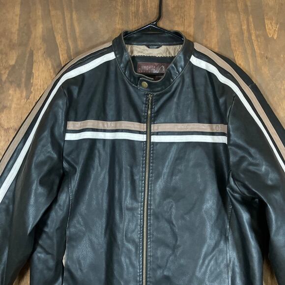 Whispering Smith Mens Jacket Black Stripes Full Zip Faux Leather Motorcycle XL - Picture 2 of 11